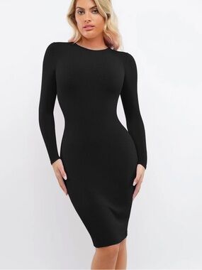 Shapewear ribbed  Long Sleeve Crew Neck Slimming Midi Dress